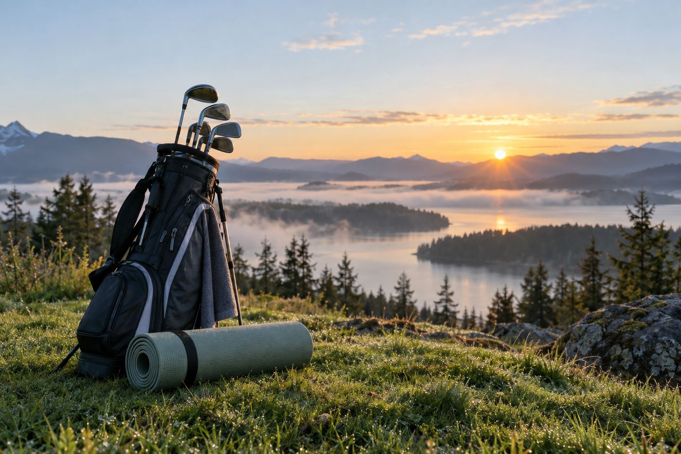 A golf bag and a yoga mat at sunrise